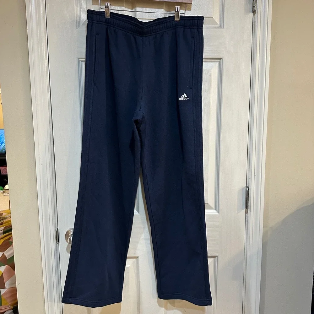 Adidas Navy Blue Fleece Sweatpants Mens Large Straight Leg 3‎ Stripe Track Pants